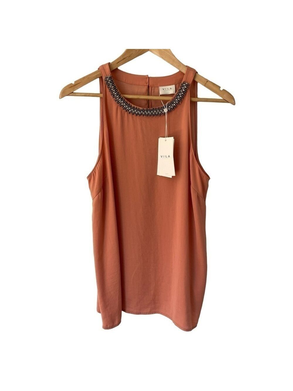 Vila Sleeveless Blouse Tank Sz L Muted Peach Beaded Neckline Halter Pretty NWT